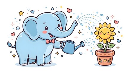 Naklejka premium Kawaii elephant watering a smiling sunflower with a watering can