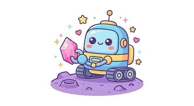 Cute space robot holding a pink crystal on a lunar surface