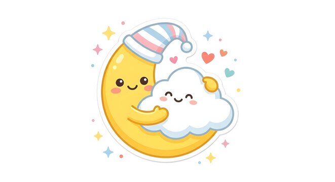 Kawaii crescent moon wearing a nightcap hugging a fluffy cloud