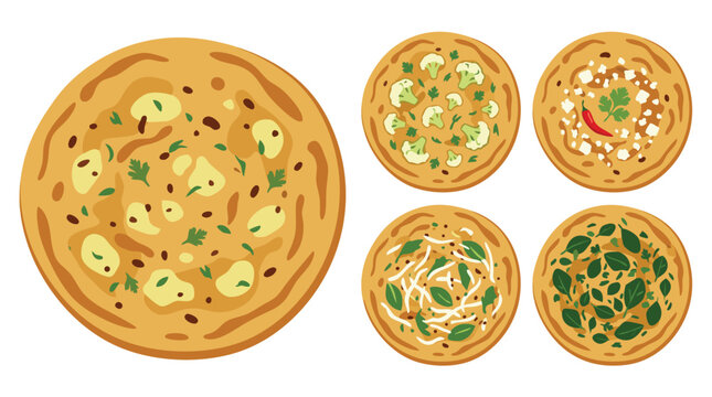 Collection of Indian stuffed bread aloo paratha potato, gobi paratha cauliflower, paneer paratha cheese, mooli paratha radish, methi paratha fenugreek.