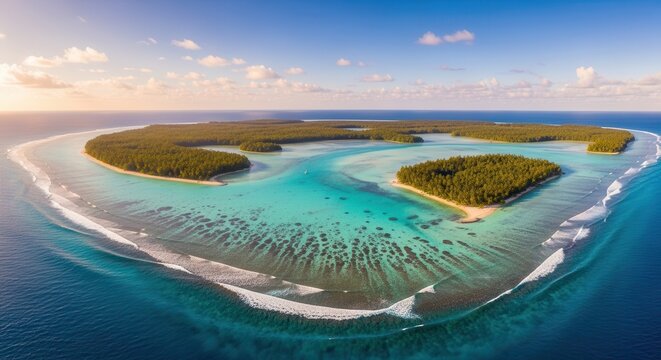 Aerial view of tropical coral atoll with turquoise lagoon and white sand beaches. Stunning island paradise surrounded by crystal clear ocean waters...