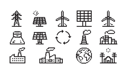 Outline pixel art icon set showing various energy generation and power distribution systems. © RANA