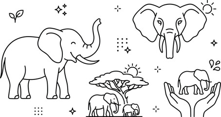 Elephant and wildlife safari line icon set with african savanna tree elephant head calf and nature conservation hands vector © MdShakib