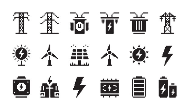 Vector icon collection of electrical components power distribution systems and battery packs.