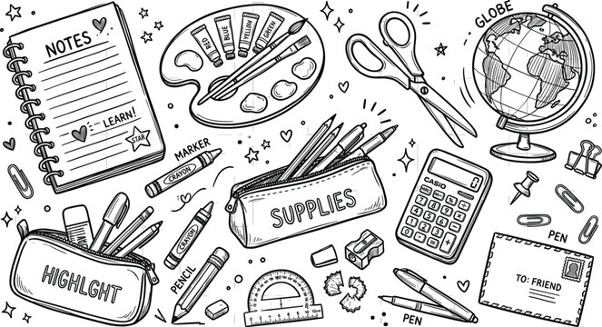 Hand drawn school supplies doodle vector set with notebook palette scissors globe case calculator pencil protractor envelope