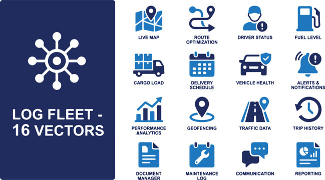 Logistics fleet management system icons display transportation data and vehicle health in office