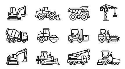 Set of construction vehicles and heavy machinery icons, line art style © Sugar