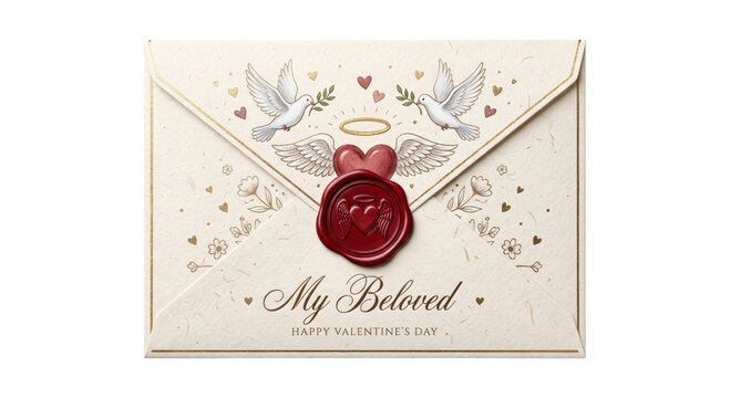 Elegant Valentine's Day envelope with doves, heart, and wax seal