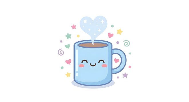 Cute blue mug with smiling face and heart shaped steam