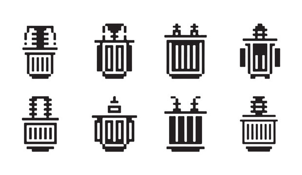 Set of flat icons representing power electrical equipment and heavy industrial machines.