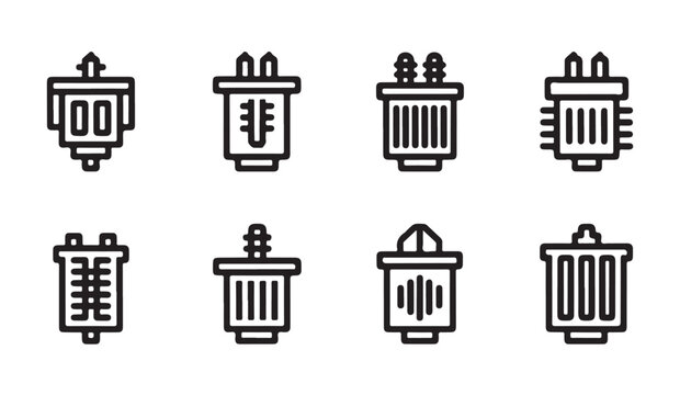 Industrial electrical transformer icons in thin line art style for engineering schematics.