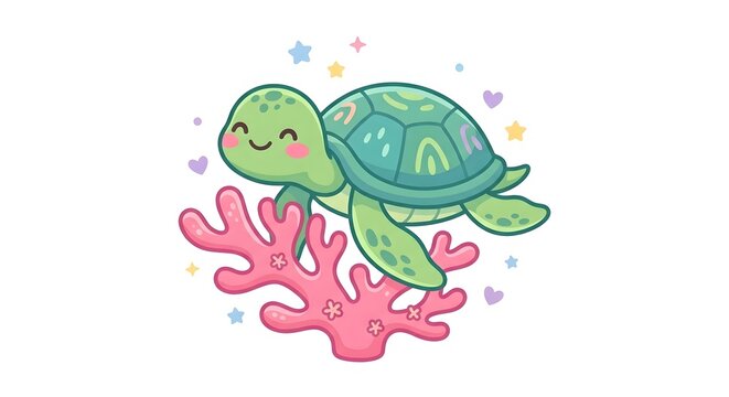 Adorable kawaii sea turtle swimming over pink coral reef
