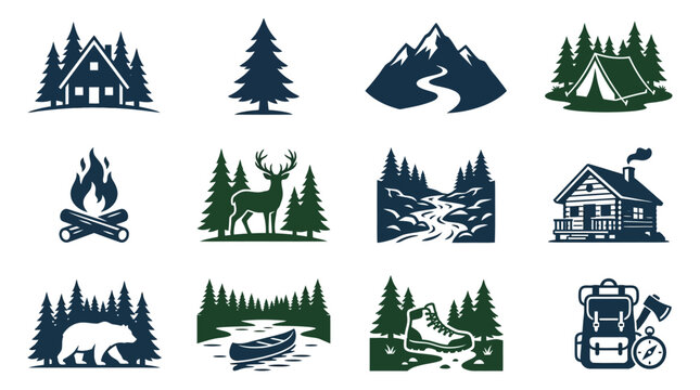 Camping and mountain landscape silhouette icon set