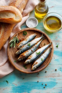 Grilled sardines on wooden plate with fresh baguette and olive oil. Healthy mediterranean seafood dish served with herbs. Gourmet dinner concept for restaurant food photography.