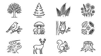 Black line art nature and forest doodle icons. © gunawan