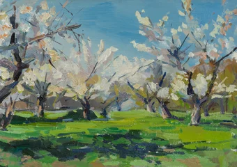 Blooming trees oil painting. White flowers on cherry branches. Bright artistic background for the design. a hand-drawn postcard. Contemporary art. The concept of spring, warmth, and sunny days © Anna Pismenskova