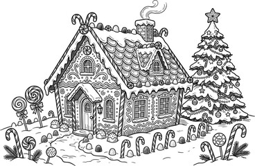 Fototapeta premium Christmas Gingerbread House Coloring Page Vector Illustration with Candy Canes, Lollipops, and Decorated Pine Tree in Winter Snow for Festive Adult Activity Book