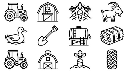 Farm Icons: Tractor, Barn, Goat, Duck, Hay, Carrot, Shovel, Water Tank, Tire © Sugar
