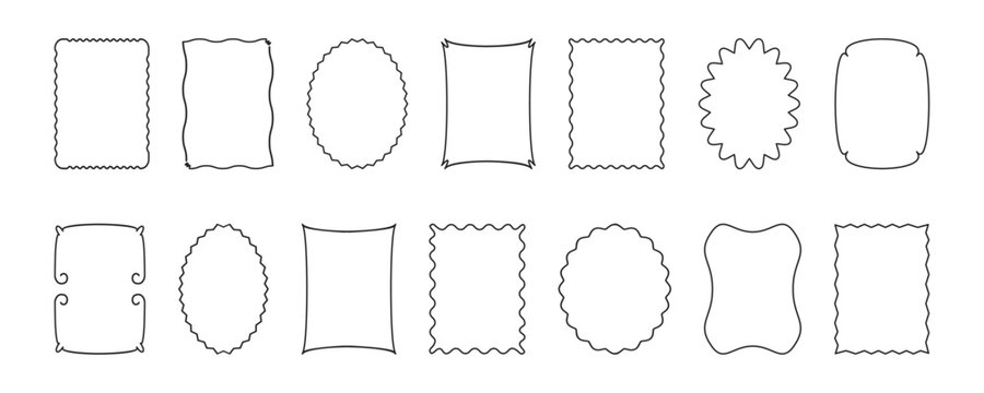 Frame thin line different shape, wave border. Text box curve edge icon. Cute geometric photo cloud outline design isolated on white background. Elegant empty poster sticker set. Vector illustration