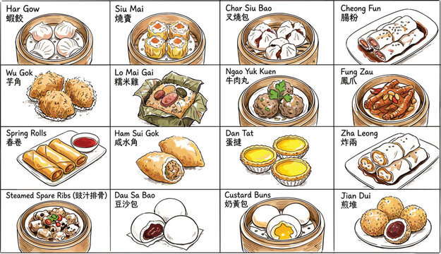 Hong Kong Dim Sum Menu Vector Illustration Set Featuring Har Gow, Siu Mai, Char Siu Bao, and Egg Tarts for Cantonese Restaurant Graphic Designs