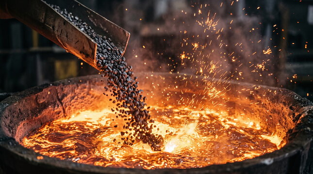 Charging a large industrial furnace by pouring iron ore pellets into molten metal, generating a shower of sparks