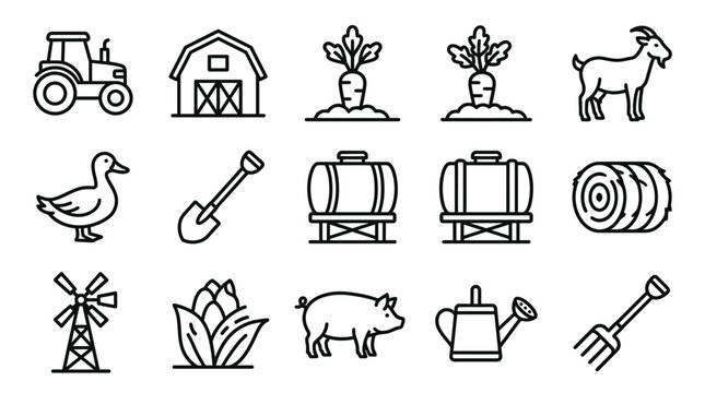 Farming Icons Set: Tractor, Barn, Animals, Crops, Tools - Vector Outline