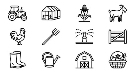 Farm Icons Set: Tractor, Greenhouse, Corn, Goat, Rooster, Pitchfork, Sprinkler, Fence, Boots © Sugar