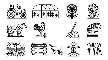Farm Icons Set: Tractor, Greenhouse, Cow, Rooster, Sunflower, Tools, Scarecrow © Sugar