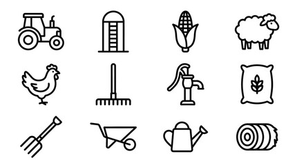 Farm Icons Set: Tractor, Chicken, Sheep, Corn, Rake, Pitchfork, Hay Bale, Silo, Water Pump © Sugar