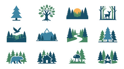 Flat landscape icons featuring mountains forest and camping themes © gunawan