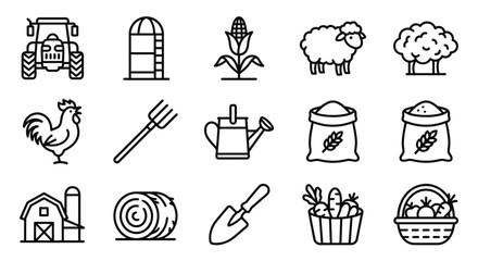 Farm Icons: Tractor, Silo, Sheep, Rooster, Hay, Vegetables, Barn, Tools, Crops © Sugar