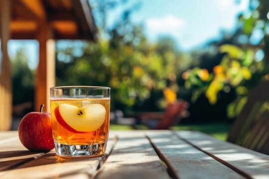 Refreshing beverage in a glass with apple slice, placed on wooden table outdoors, surrounded by lush greenery and sunlight, creating a vibrant and inviting atmosphere