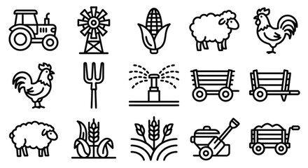 Farm Icons Set: Tractor, Windmill, Corn, Sheep, Rooster, Wheat, Pitchfork, Sprinkler © Sugar