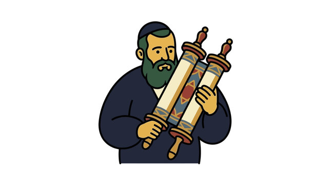 Cartoon man with beard and kippah holding two Torah scrolls