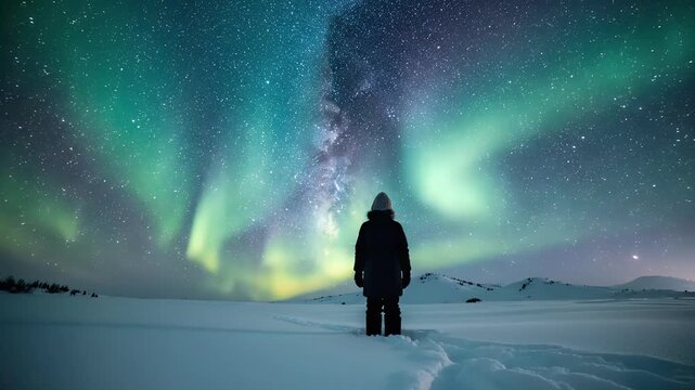 Person watches majestic aurora borealis and starry sky over snow-covered landscape