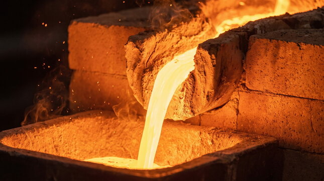 Glowing hot molten metal pouring from a refractory channel into a stone mold or crucible with rising smoke and sparks