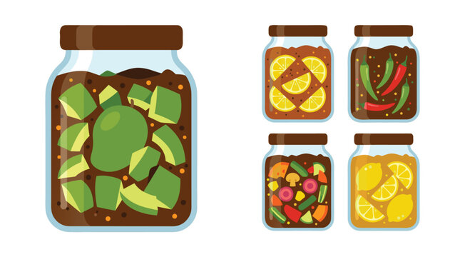 Delicious homemade Indian pickle in jars, a variety of mango pickle achar, lime pickle nimbu, chili pickle mirch, mixed vegetable achar, lemon preserve nimbu.