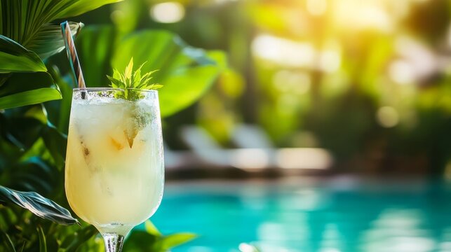Refreshing cocktail in a clear glass garnished with mint leaves, placed among lush green foliage, with a sparkling pool and warm sunlight creating a vibrant tropical atmosphere