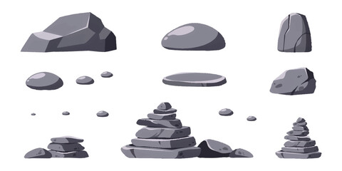 Set of grey cartoon stones and rock stacks for nature landscape design © vintage style