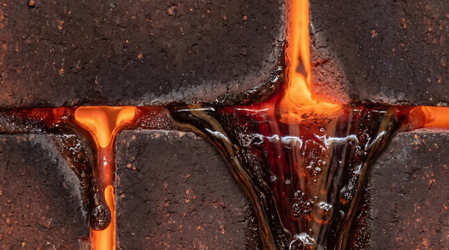 Molten metal and slag flowing through refractory bricks in a metallurgical furnace during smelting process