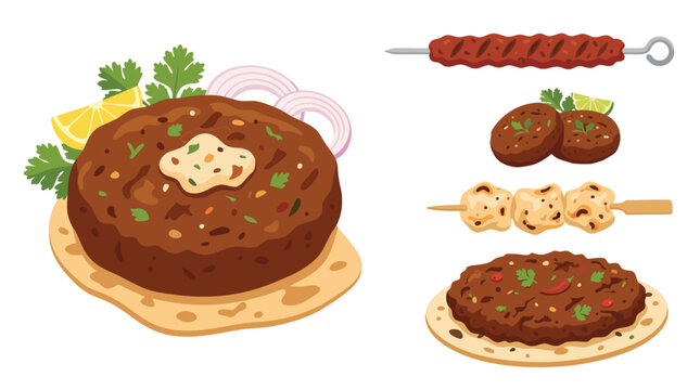 Delicious Indian and Middle Eastern Kebab Dishes Collection galouti kebab soft, shammi kebab patty, seekh kebab skewer, reshmi kebab creamy, chapli kebab flat.