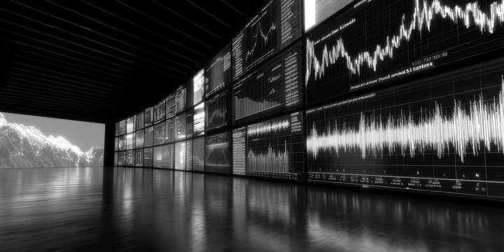  Wide screen shows waveform stacks of AI predictions and financial signals.

