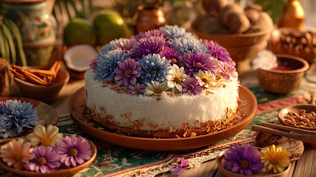 Festive Buko Pandan Cake decorated with edible flowers and coconut chips