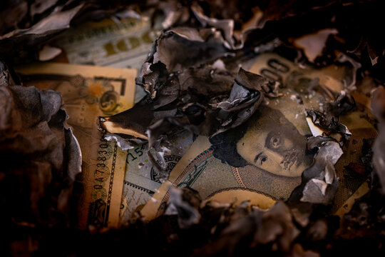 Close-up of Japanese 1000 yen banknote covered with burnt ash and charred paper remnants