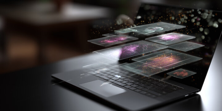  3D panels orbit above laptop with clustered signal diagnostics and sync data.
