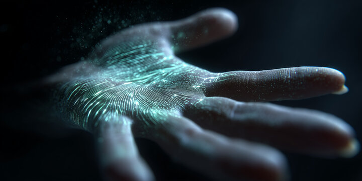  Handprint scanner glows with signal pulses, visualizing trust and AI intent.
