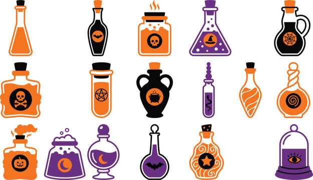 Set of Halloween magic potion bottles and glass jars