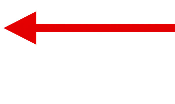 red arrow on white background. red arrow with straight triangular head pointing left on white background.