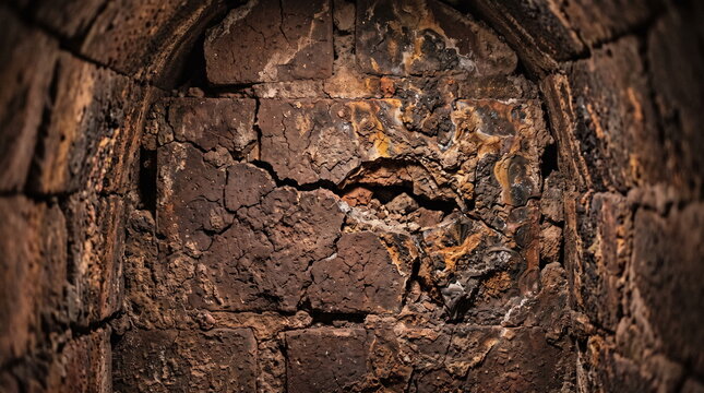 Damaged refractory brick lining inside an industrial metallurgical furnace with cracks and erosion