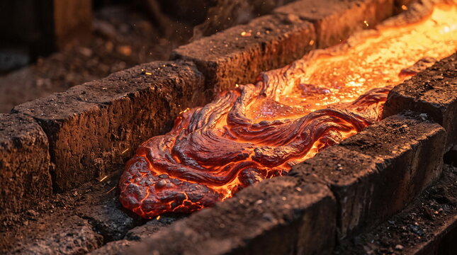 Viscous stream of glowing molten metal slag flowing through an industrial firebrick channel